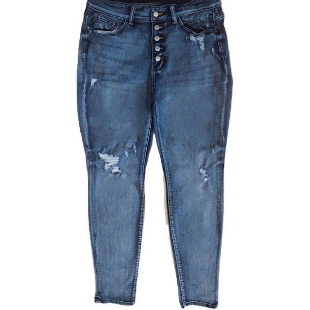 Judy Blue High Rise Distressed Dark Wash Button Fly Skinny Jeans Size 14W